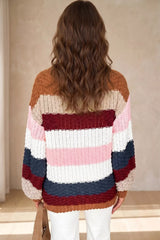 Back view of multicolor striped knit sweater with dropped shoulders and ribbed hem
