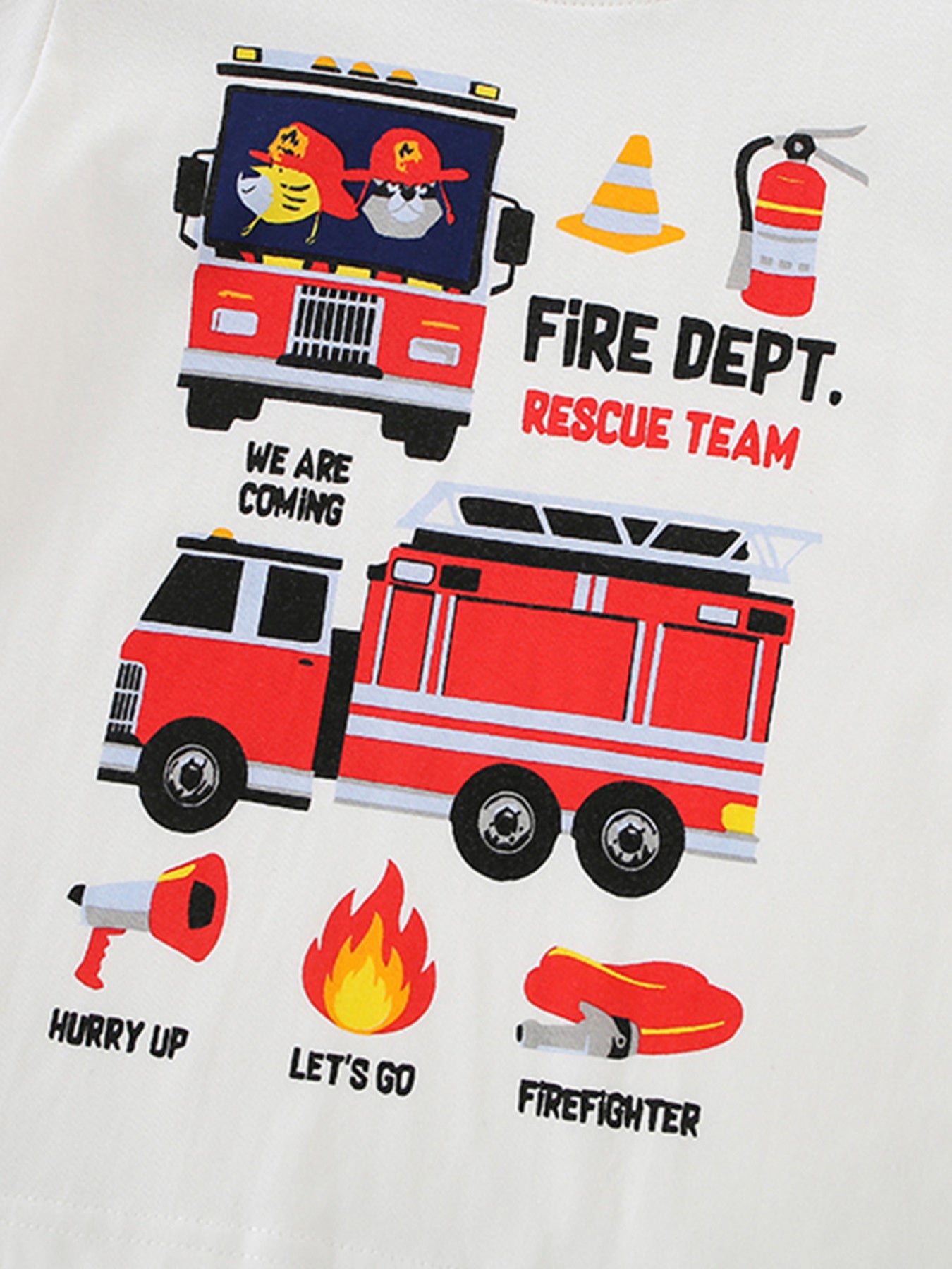 Close-up of full red fire truck graphic with rescue icons on white children's t-shirt