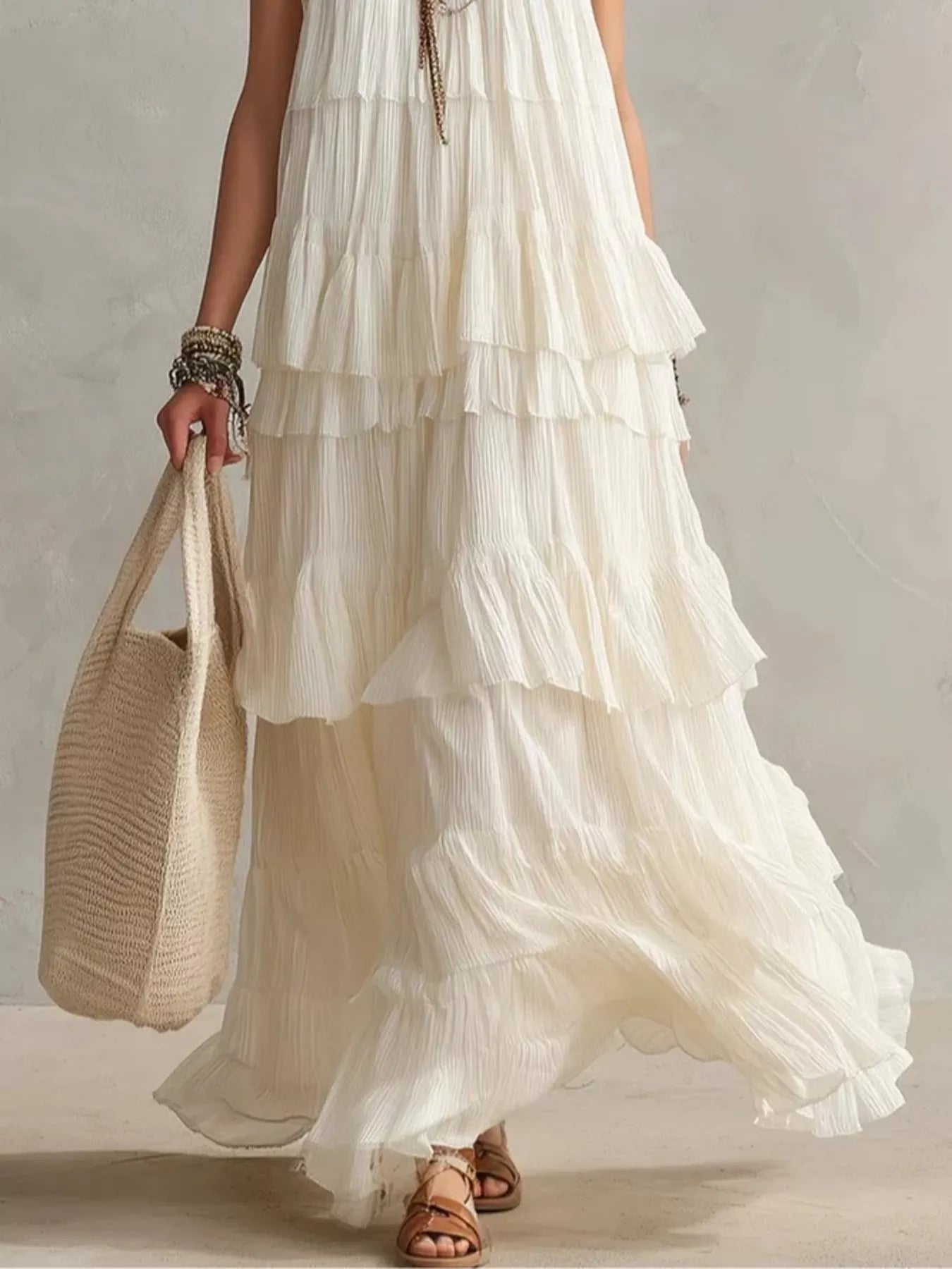 Lower skirt view of white sleeveless maxi dress showing flowing layered ruffle tiers