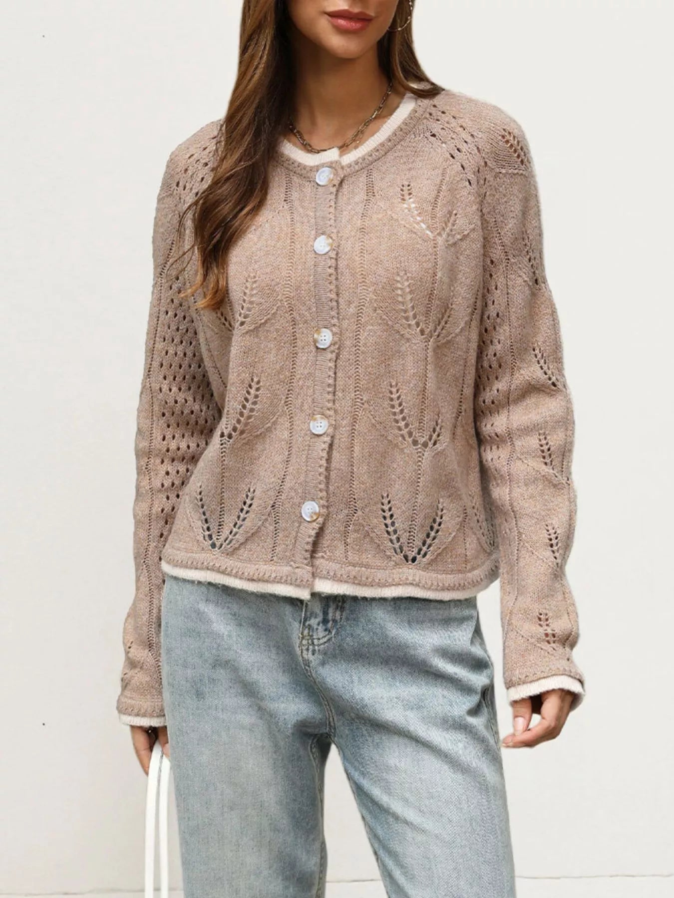 Khaki hollow out knit cardigan with leaf pattern fully buttoned