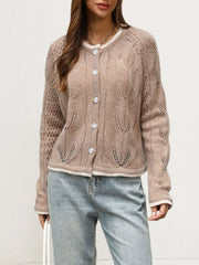 Khaki hollow out knit cardigan with leaf pattern fully buttoned