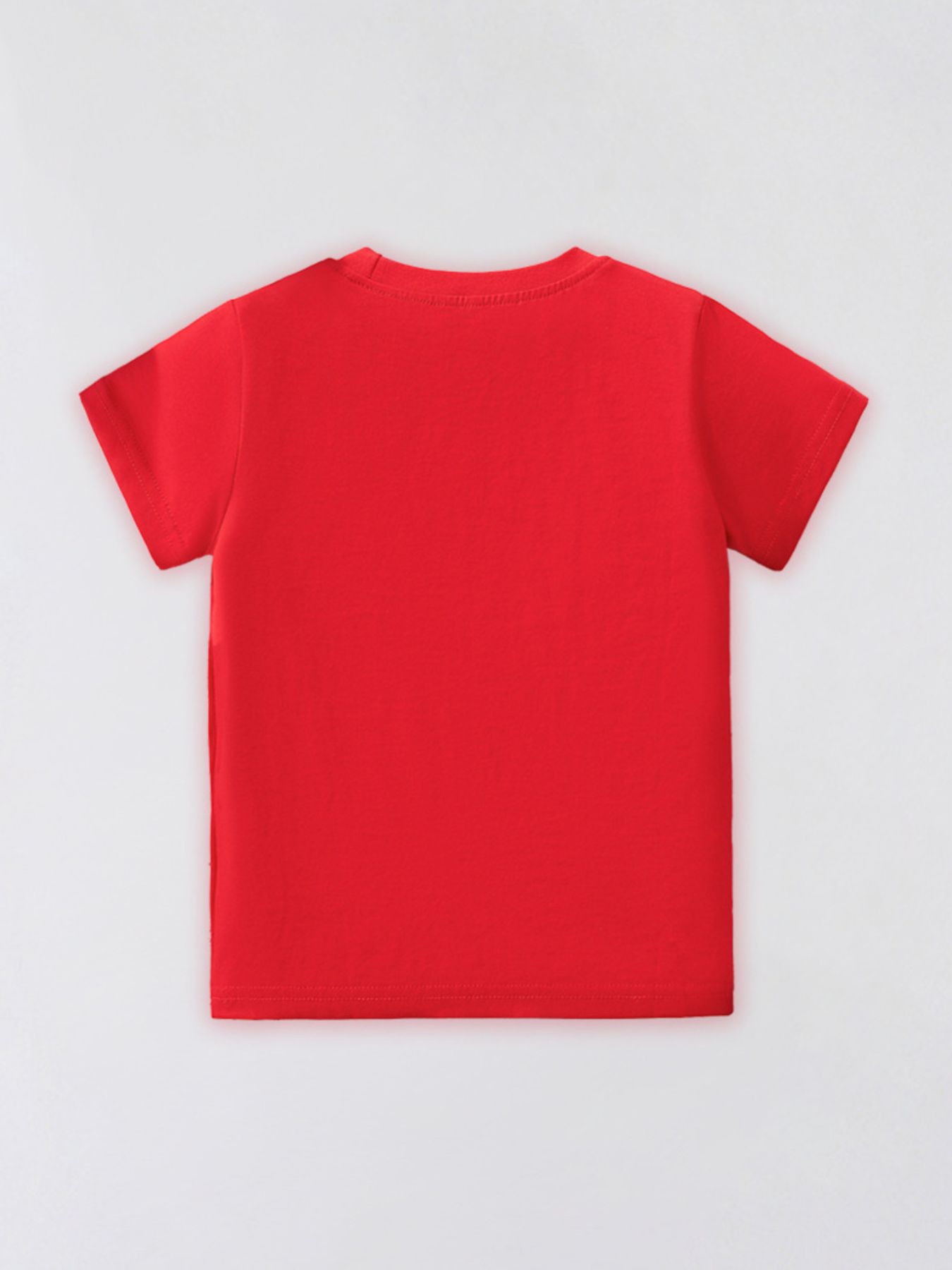 Back view of the plain red children's short sleeve tee laid flat