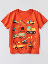 Orange-red children's crew neck short sleeve T-shirt with labeled construction vehicle graphics, laid flat in front view