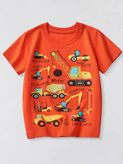 Orange-red children's crew neck short sleeve T-shirt with labeled construction vehicle graphics, laid flat in front view