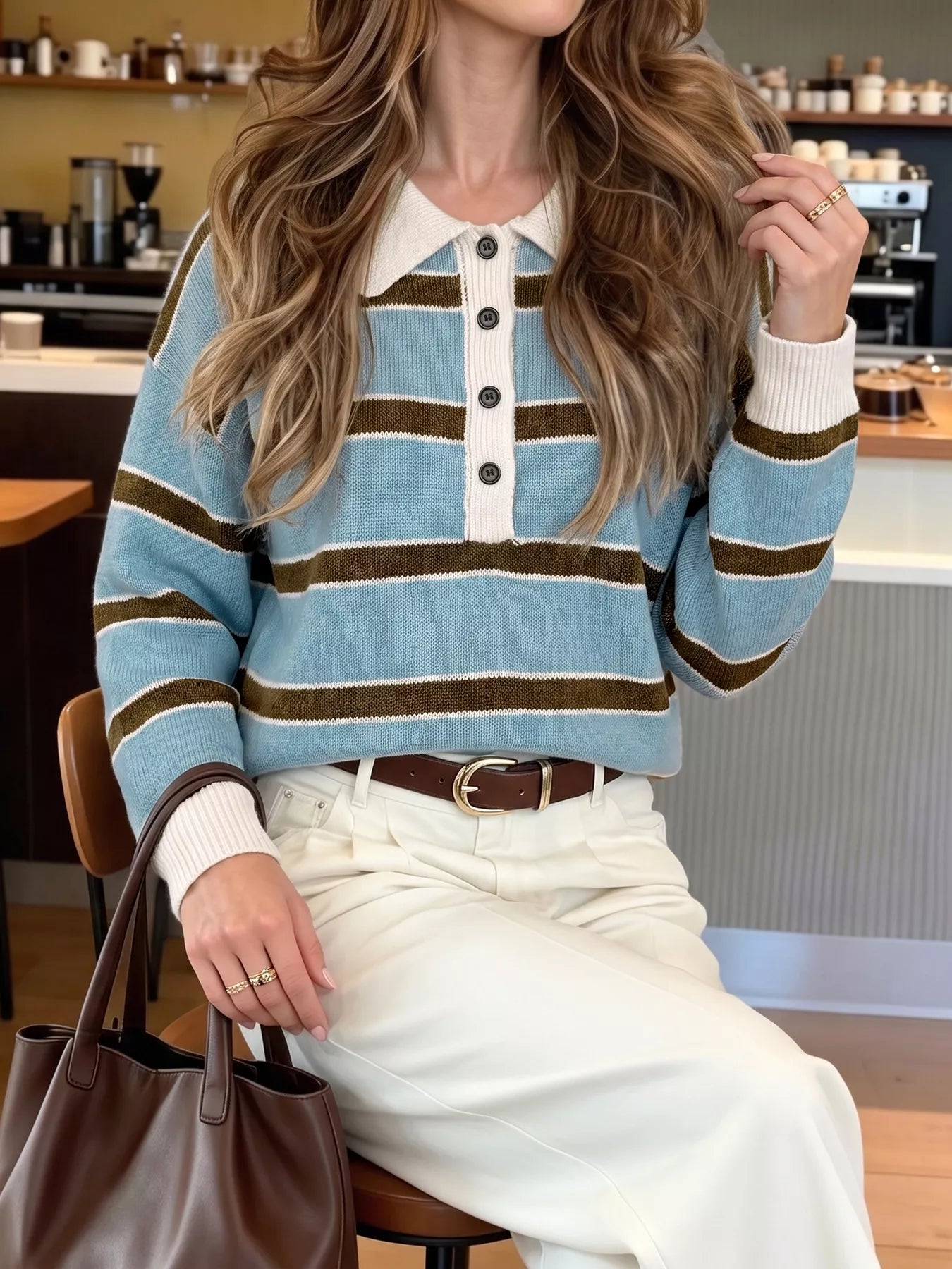 Seated front view of light blue striped polo sweater with cream collar and black buttons.