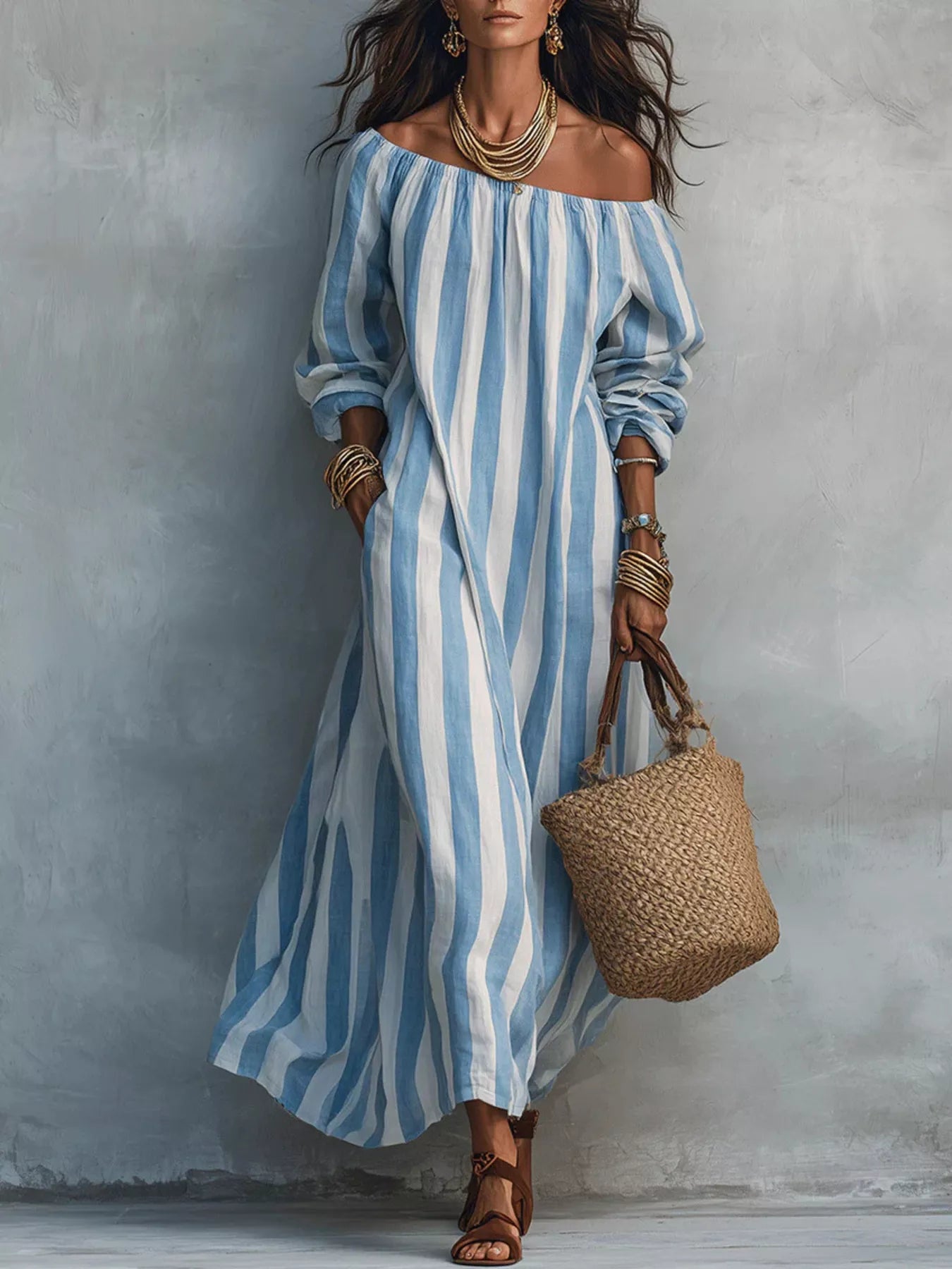 Sky blue and white striped off shoulder dress with long sleeves and side pockets