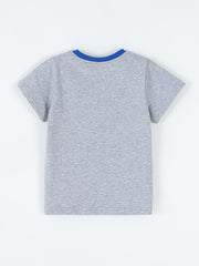 Plain back view of gray children's t-shirt with blue collar trim and no print
