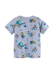 Flat back view of gray children's tee with all over excavator and truck print