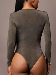 Back view of army green ruched long sleeve bodysuit showing plain back and long sleeves