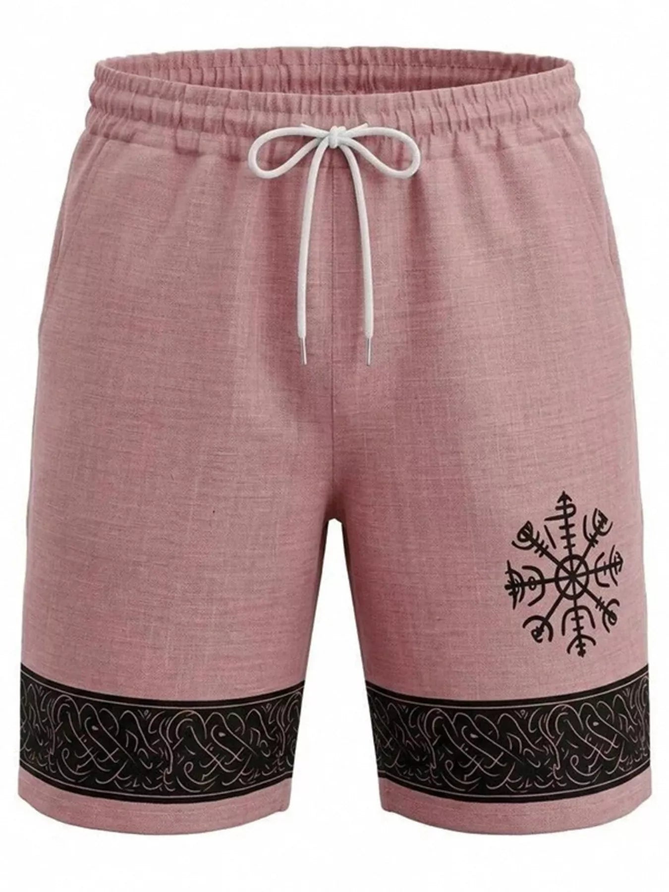 Men's pink shorts with an adjustable drawstring waist and pockets.