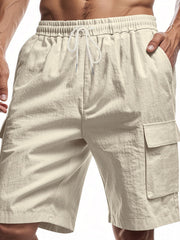 Men's khaki lightweight cargo shorts with a drawstring waist and pockets.