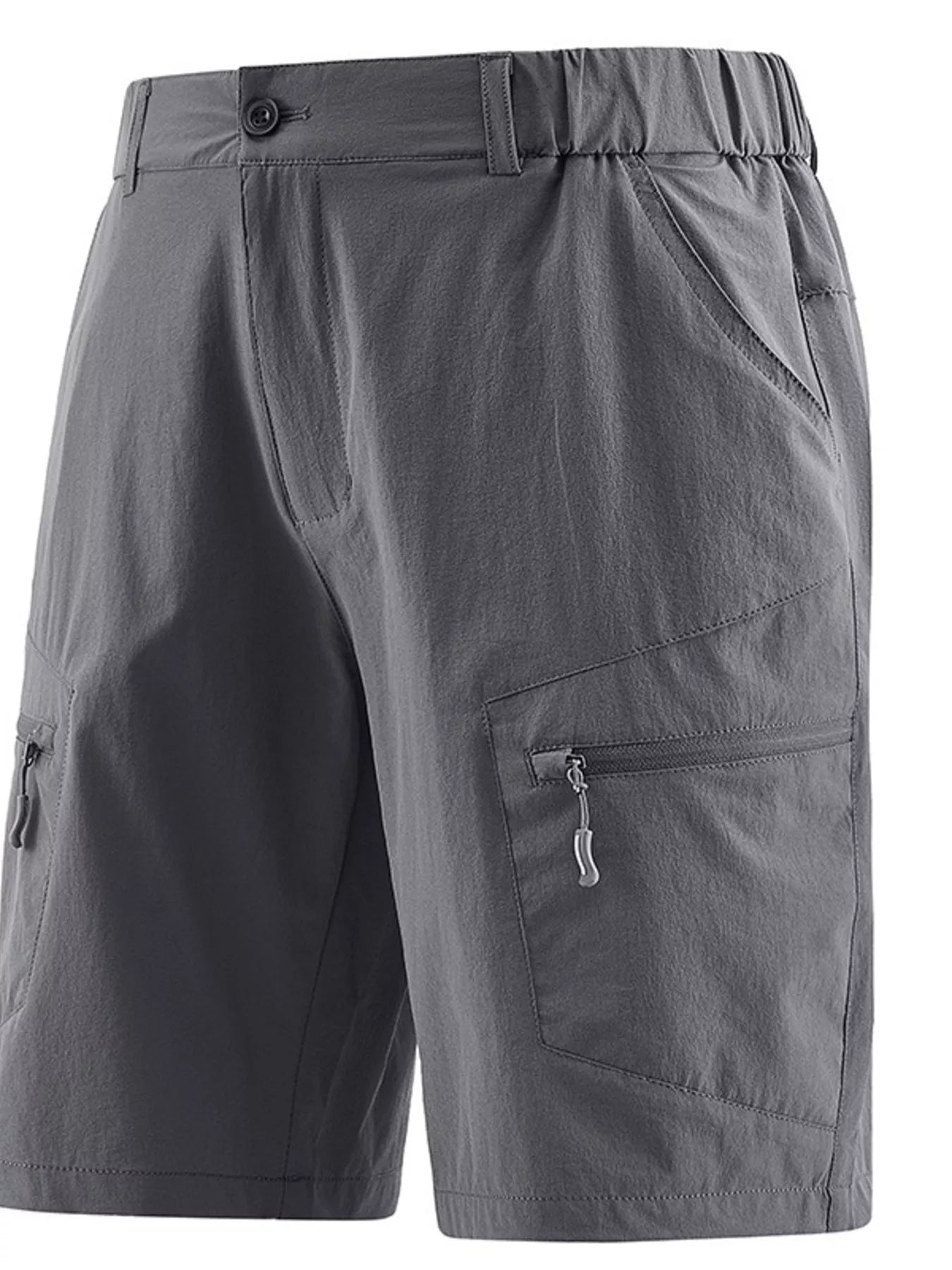 Men's dark gray outdoor shorts with zipper pockets and a drawstring waist.