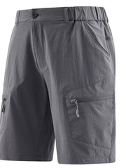 Men's dark gray outdoor shorts with zipper pockets and a drawstring waist.