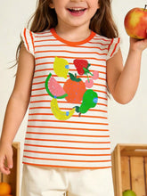 Orange and white striped children's tee with a colourful fruit print and ruffle sleeves, shown worn
