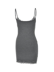 Grey lace trim bodycon mini dress shown flat, straight back view unworn