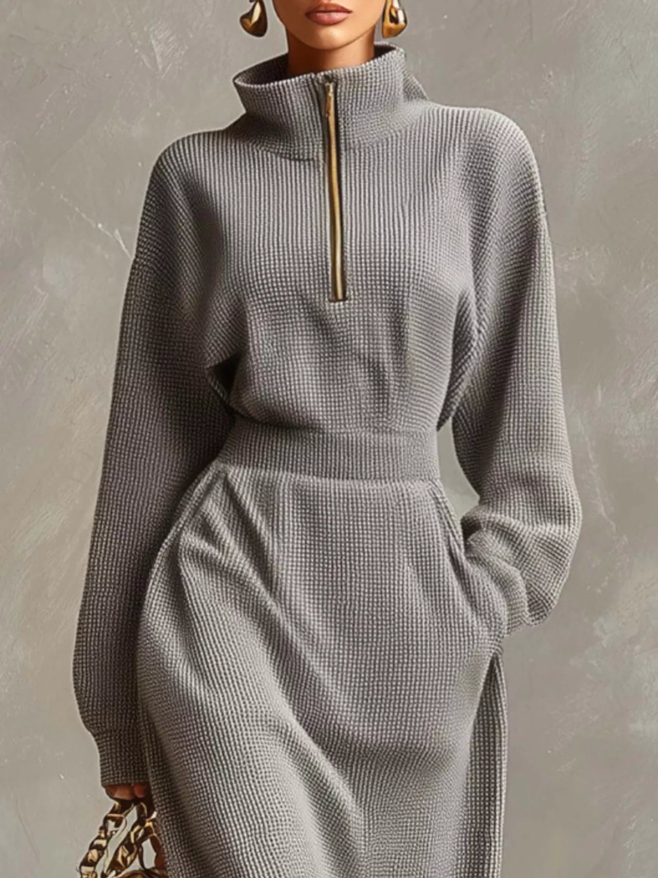 Close front view of a grey waffle knit dress showing the quarter zip collar and waistband