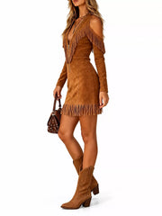 Caramel fringed cold shoulder mini dress with zip front shown in side view