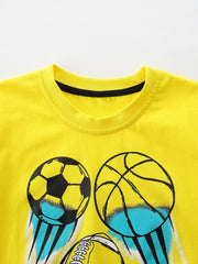 Close up of canary yellow children's t-shirt round neckline with black inner trim and ball prints