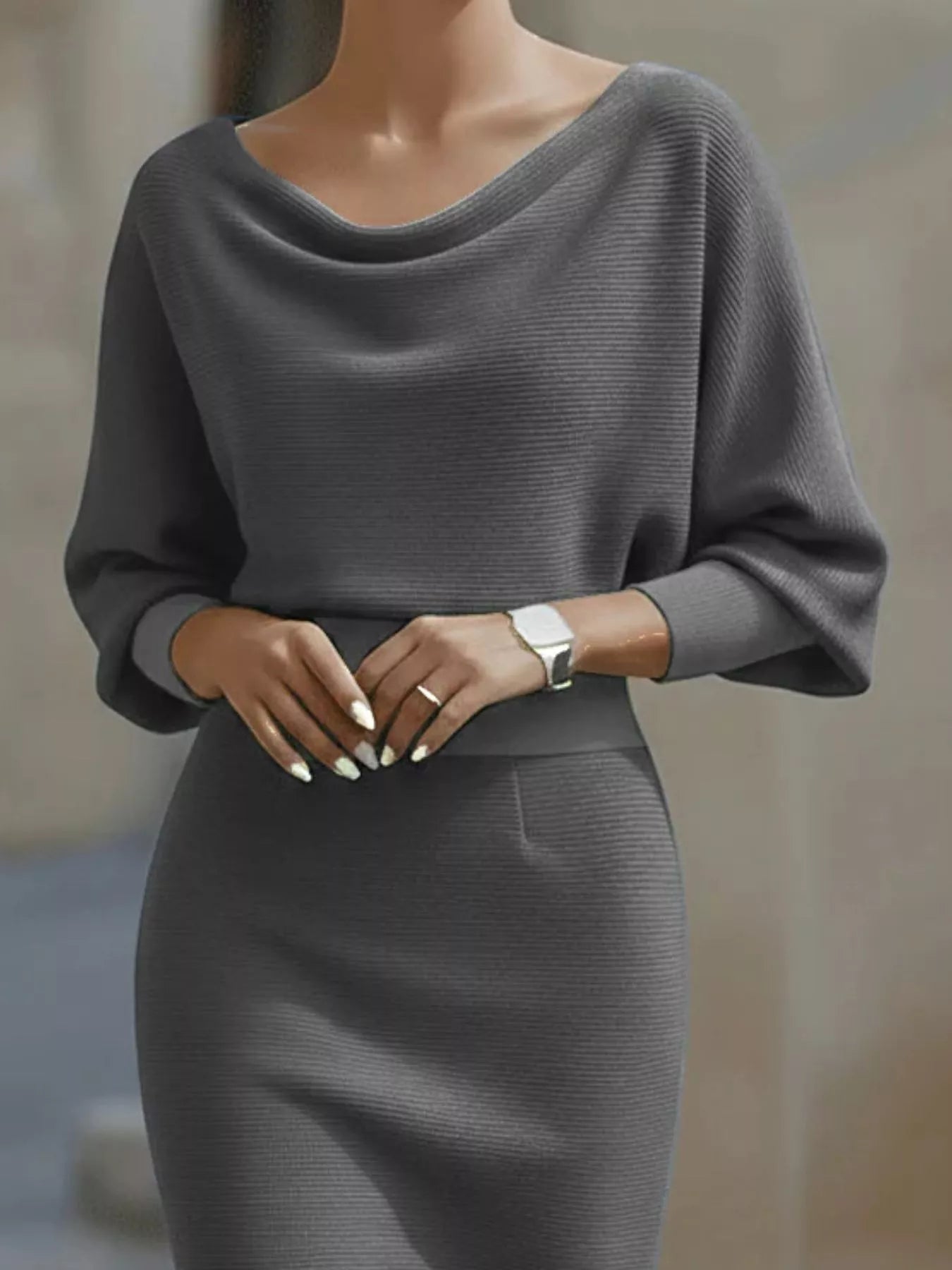 Close view of the gray cowl neck and three quarter sleeves on a bodycon midi dress