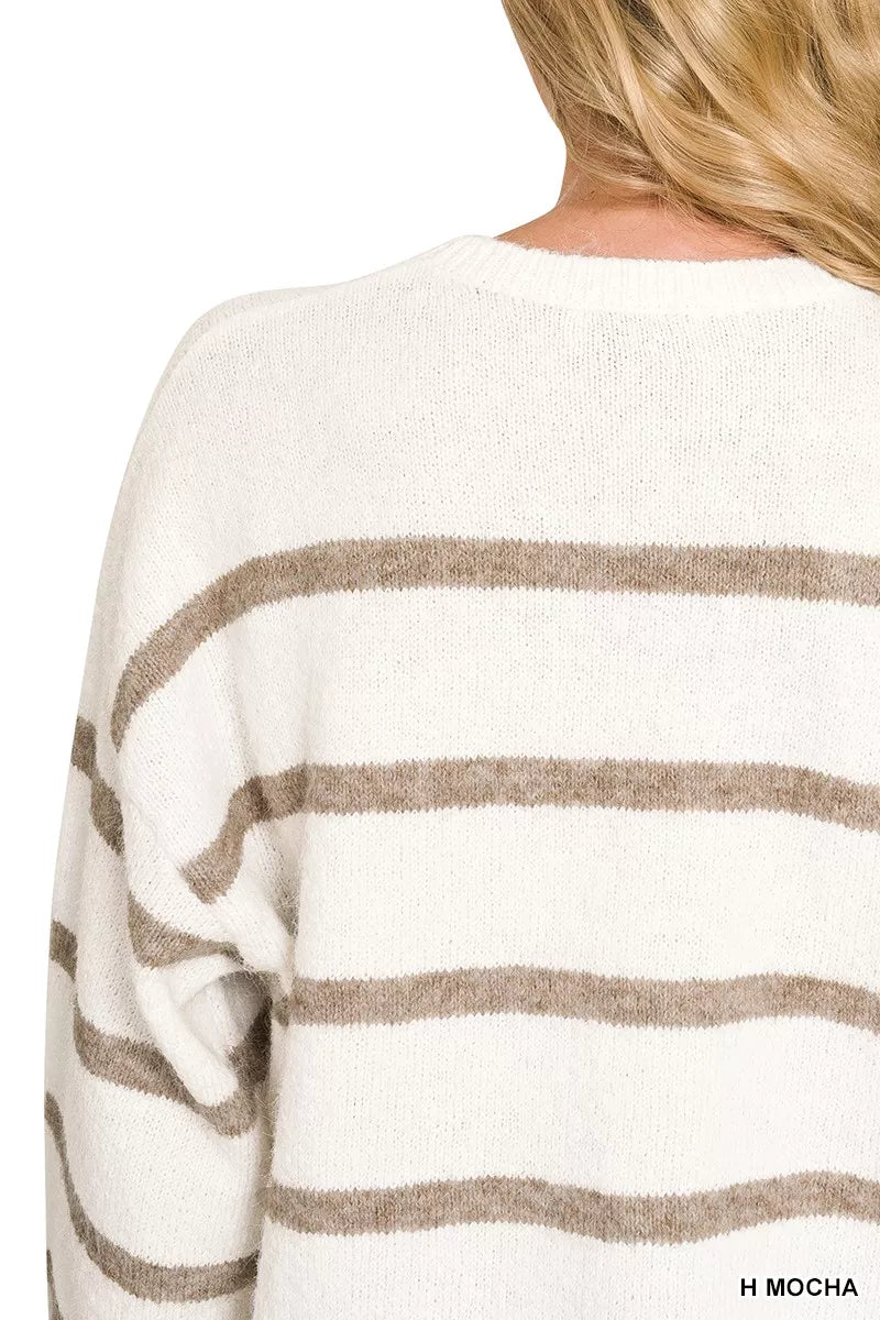 Close back view of cream striped sweater with mocha stripes and round neckline.