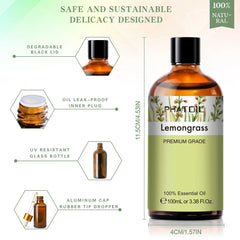 3.4oz 100ml Lemongrass Aromatic Essential Oil: Natural Mint, Citronella, Tea Tree, Vanilla, Juniper, Geranium, Chamomile, Jojoba Oil