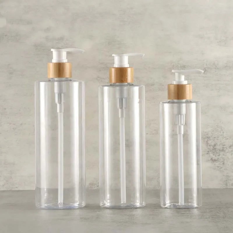 300/500ML Bamboo Pump Dispenser - Bathroom PET Dish Soap Bottle, Lotion Refillable Shower Gel Liquid Frosted Container