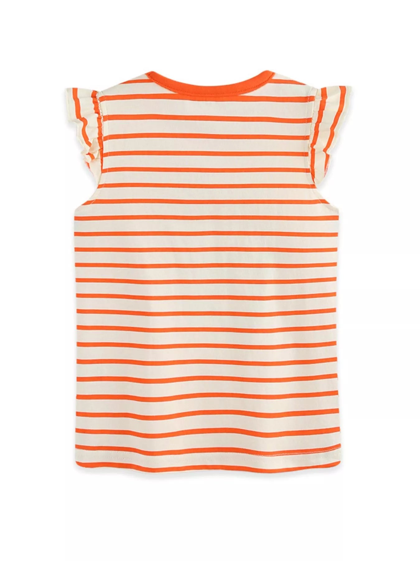 Back view of the plain orange and white striped children's tee with ruffle sleeves, shown flat