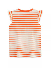 Back view of the plain orange and white striped children's tee with ruffle sleeves, shown flat