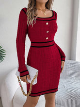 Women's long-sleeve sweater dress with contrast trim and a slightly stretchy knit.