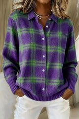 On-model front view of a purple and green plaid button-down knit cardigan with long sleeves