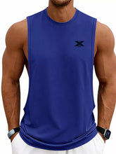 Men's lightweight round-neck tank top made from slightly stretchy polyester fabric.