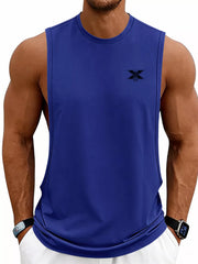 Men's lightweight round-neck tank top made from slightly stretchy polyester fabric.