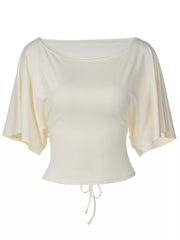 Cream boat-neck short-sleeve T-shirt with a fitted waist and adjustable drawstring hem.