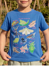 Front view of a children's dark blue short sleeve tee with a labeled camouflaged insect chart