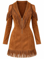 Front flat view of caramel fringed cold shoulder mini dress with fringed hem