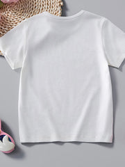 Plain back view of the white children's short sleeve unicorn tee laid flat