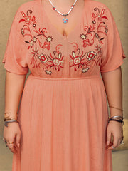 Plus Size Frill Embroidered V-Neck Half Sleeve Maxi Dress