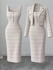 Khaki tweed square neck dress shown flat alone and with the cropped cardigan