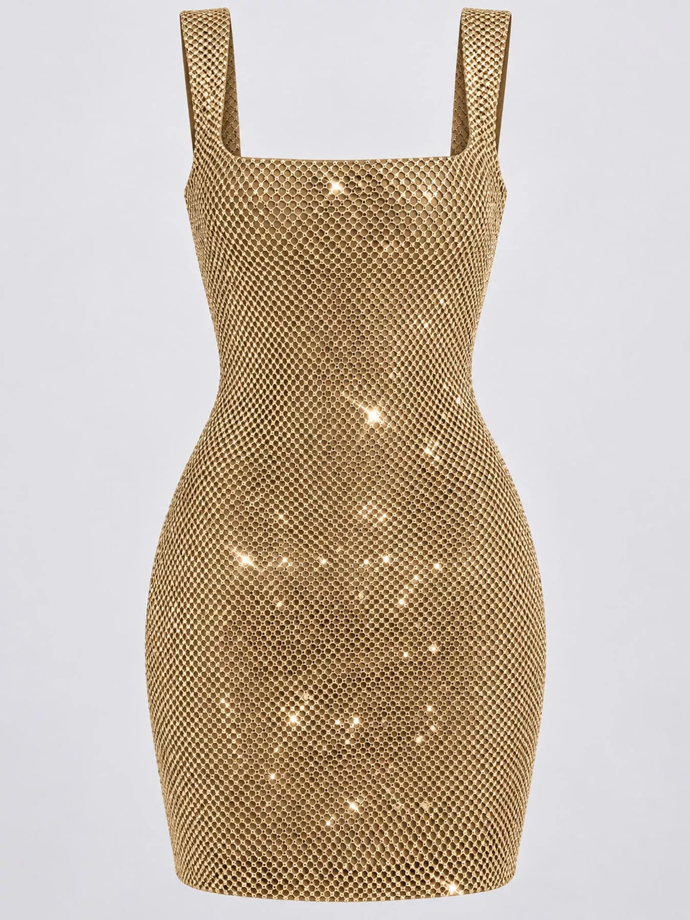 Gold rhinestone mesh bodycon mini dress, front flat studio view unworn