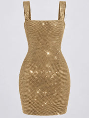 Gold rhinestone mesh bodycon mini dress, front flat studio view unworn