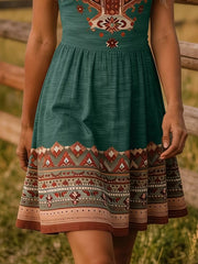 Close view of green tribal print dress skirt with patterned border hem