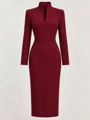 Burgundy stand collar long sleeve midi dress shown flat from the front