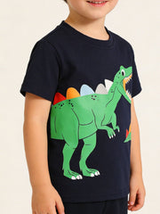 Children's black short sleeve T-shirt with a large green dinosaur graphic, shown worn in front view