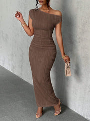 Front view of a camel asymmetrical one shoulder ribbed bodycon maxi dress