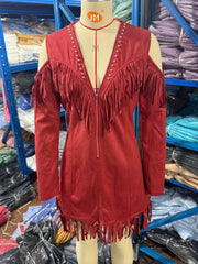 Red fringed cold shoulder mini dress on mannequin showing zip front and fringe