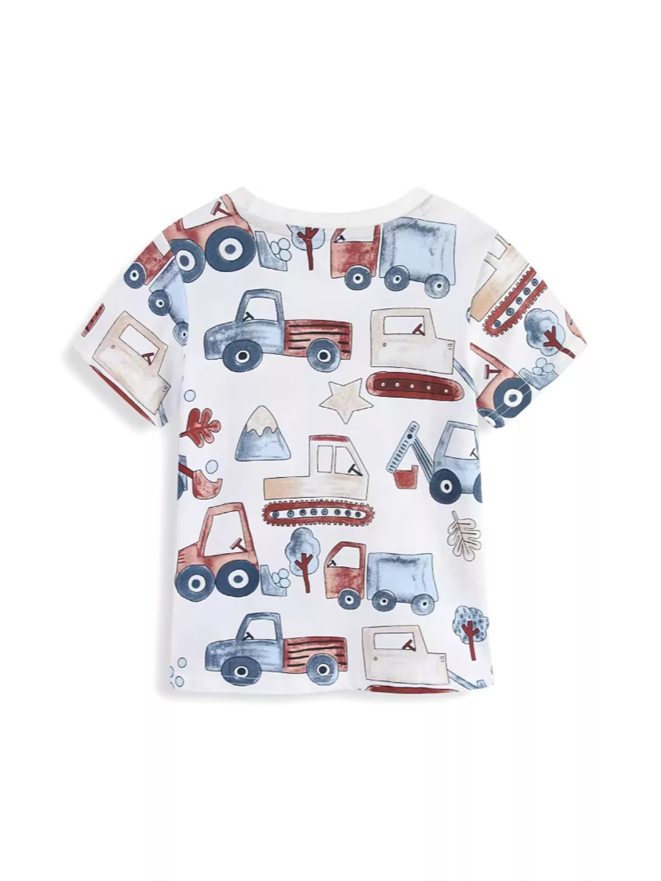 Back view of white children's short sleeve t-shirt with all over cartoon truck print
