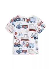 Back view of white children's short sleeve t-shirt with all over cartoon truck print