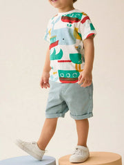 Children's white round-neck tee featuring a fish print design.