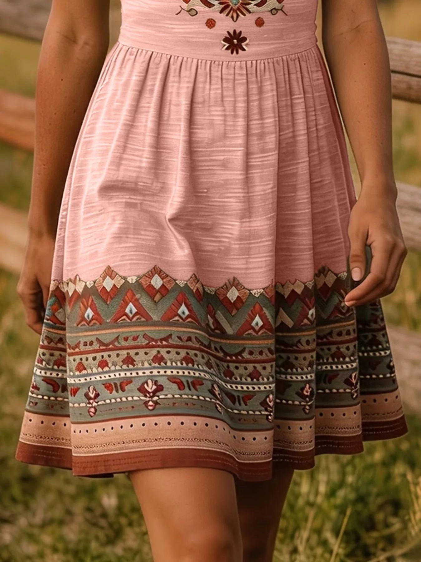 Close view of pink tribal print dress skirt with patterned border hem