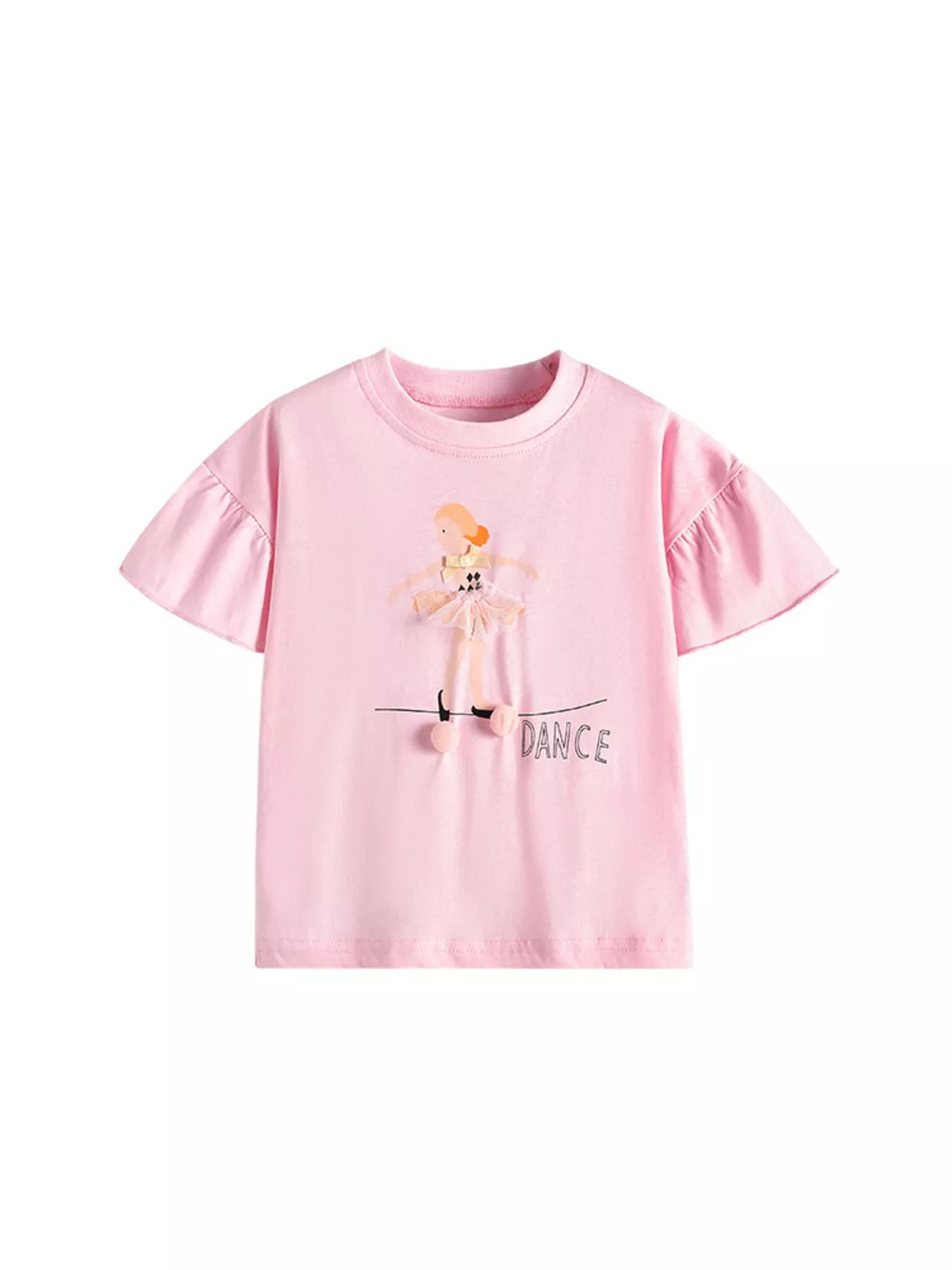 Front view of the blush pink children's t-shirt with flared sleeves and ballet dancer graphic